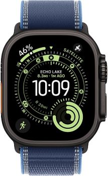 Apple Watch Ultra 3, Black Titanium Case with Blue/Bright Blue Trail Loop (M/L)