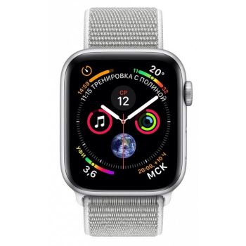 Apple Watch Series 4, 44 мм, корпус из серебристого алюминия, спортивный браслет цвета «белая ракушка» (серебристый)