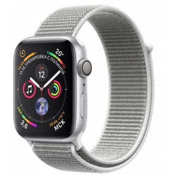 Apple Watch Series 4, 44 мм, корпус из серебристого алюминия, спортивный браслет цвета «белая ракушка» (серебристый)