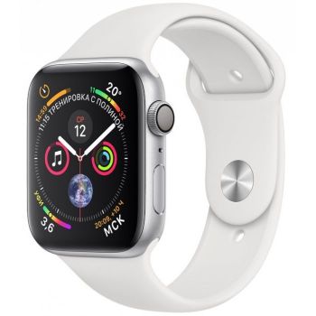 Apple Watch Series 4, 44 мм, корпус из серебристого алюминия, спортивный ремешок белого цвета (серебристый)