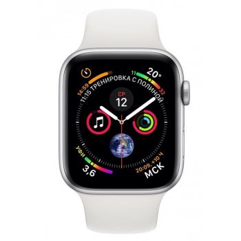 Apple Watch Series 4, 44 мм, корпус из серебристого алюминия, спортивный ремешок белого цвета (серебристый)